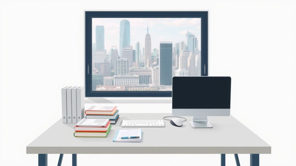 Een opgeruimde werkplek met computer, HRM-boeken en aantekeningen.