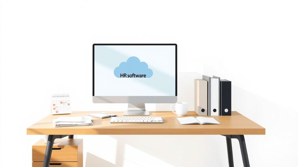 Een kantoorwerkplek met een cloud-based HR software platform op de computer.