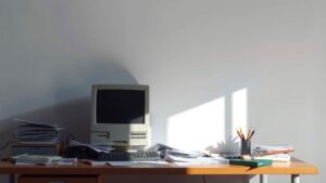 Een rommelig kantoor met verouderde technologie en frustratie.