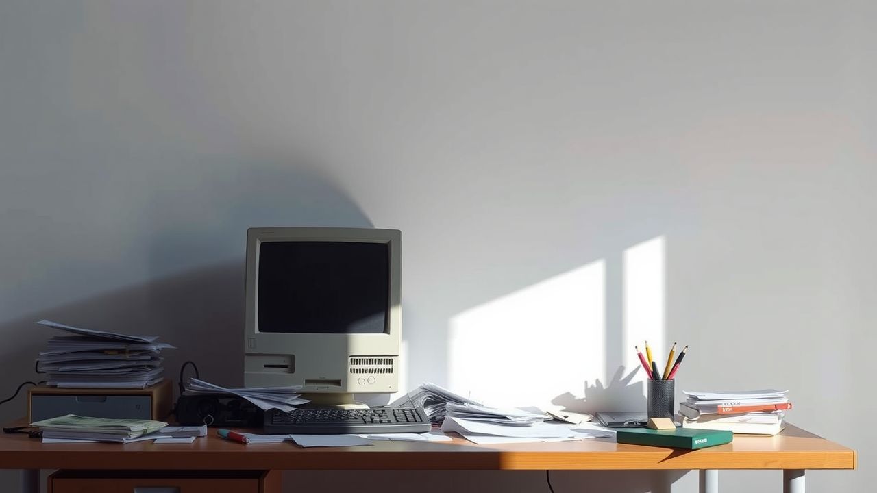 Een rommelig kantoor met verouderde technologie en frustratie.