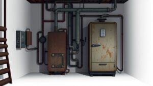 Een verwaarloosde en roestige boiler in een donker hulpprogramma.