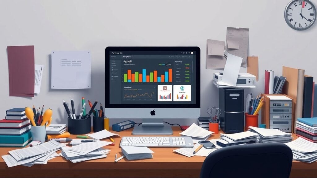 Een rommelig kantoorbureau met computer en papierwerk.