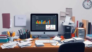 Een rommelig kantoorbureau met computer en papierwerk.