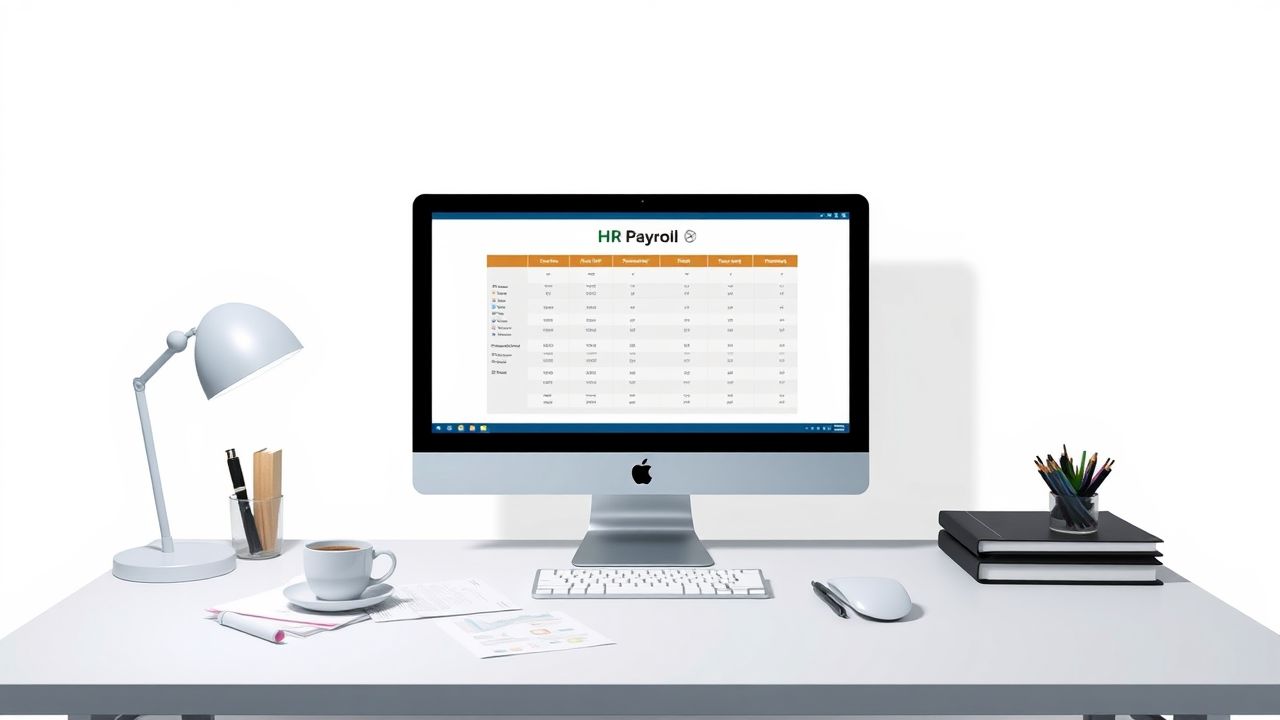 Een modern kantoorbureau met HR-loonadministratiesoftware en koffie. Een modern kantoorbureau met HR-loonadministratiesoftware en koffie.