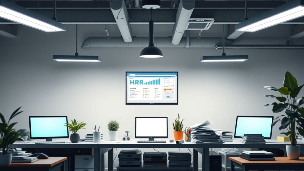 Een rommelig kantoor met HR-software, papierwerk en kantoorbenodigdheden.