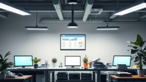 Een rommelig kantoor met HR-software, papierwerk en kantoorbenodigdheden.