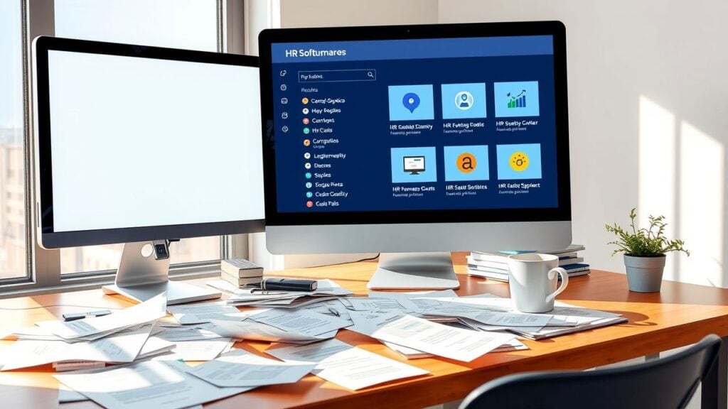 Een kantoorwerkplek met HR-softwareopties op de computer en rommelige papieren.