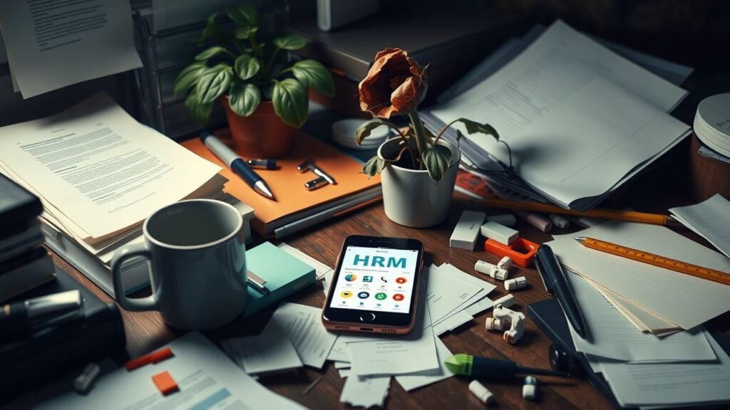 Een rommelig kantoorbureau met smartphone en HRM-app.