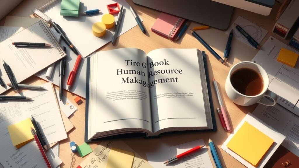 Een open e-book over Human Resource Management op een rommelig bureau.