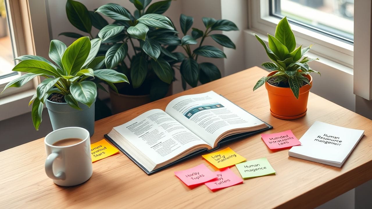 Een open e-book op een bureau met koffie en kantoorplanten.