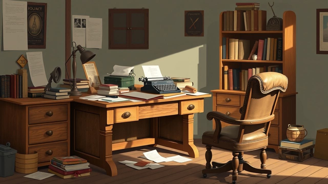 Een rommelig vintage studeerkamer met een ouderwets bureau en boeken.