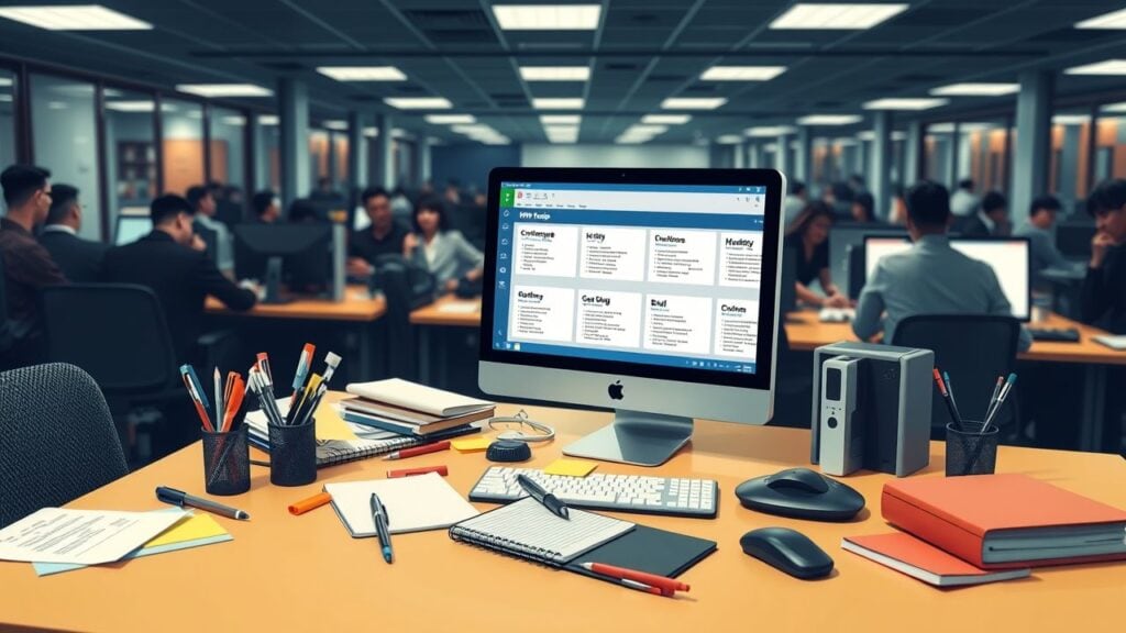 Een opgeruimde kantoorwerkplek met HRM-software op de computer.