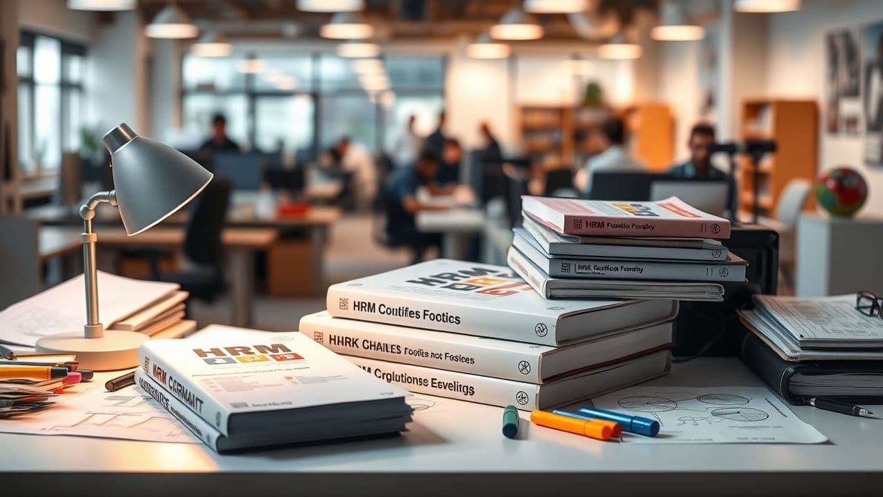 Een rommelig kantoorbureau met HRM boeken, markers en organisatiegrafieken.