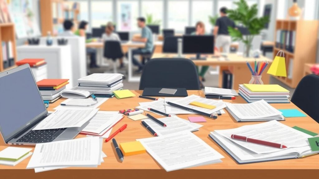 Een rommelig kantoorbureau met papieren, notitieboekjes en kantoorbenodigdheden.