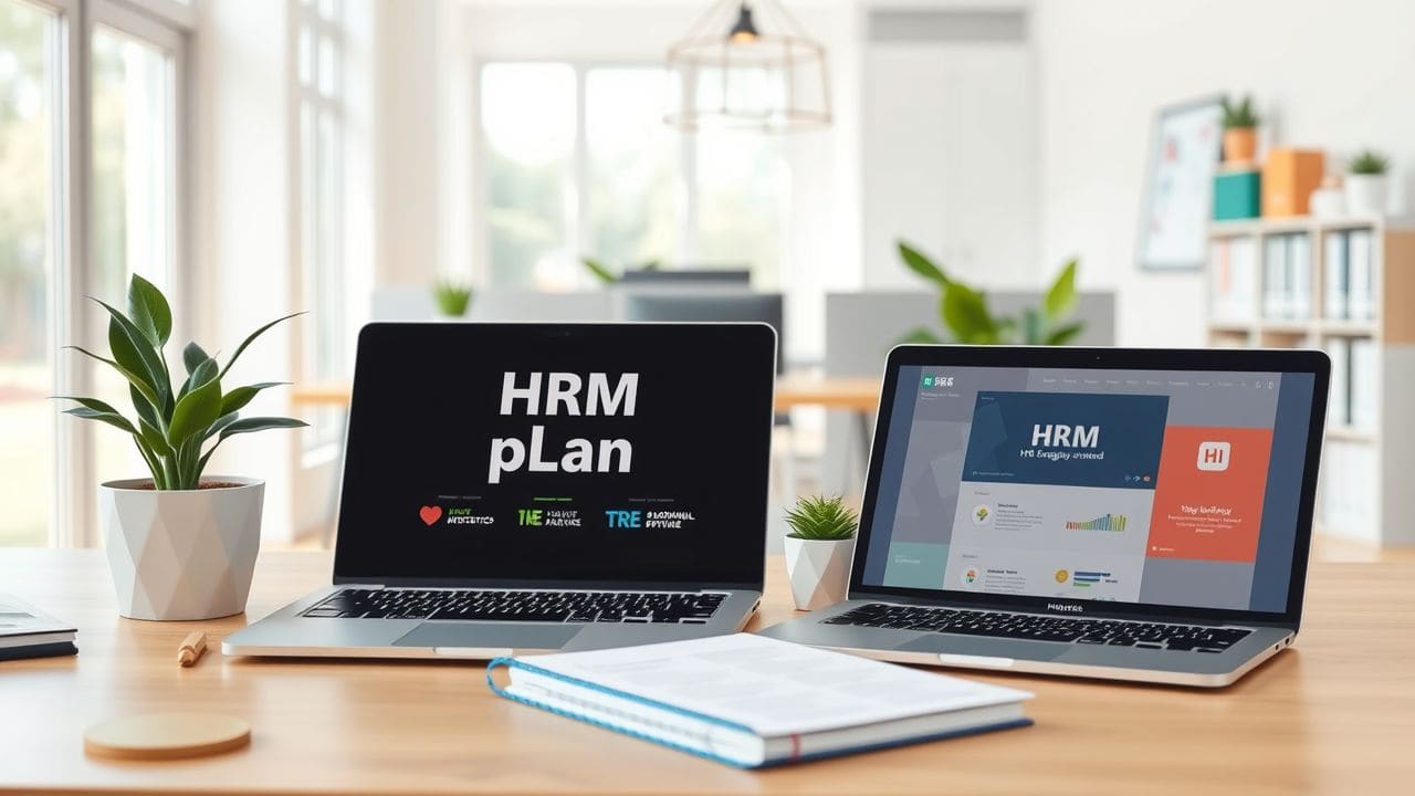 Een opgeruimde kantoorwerkplek met HRM-plan en laptop met HR-strategieën. Een opgeruimde kantoorwerkplek met HRM-plan en laptop met HR-strategieën.