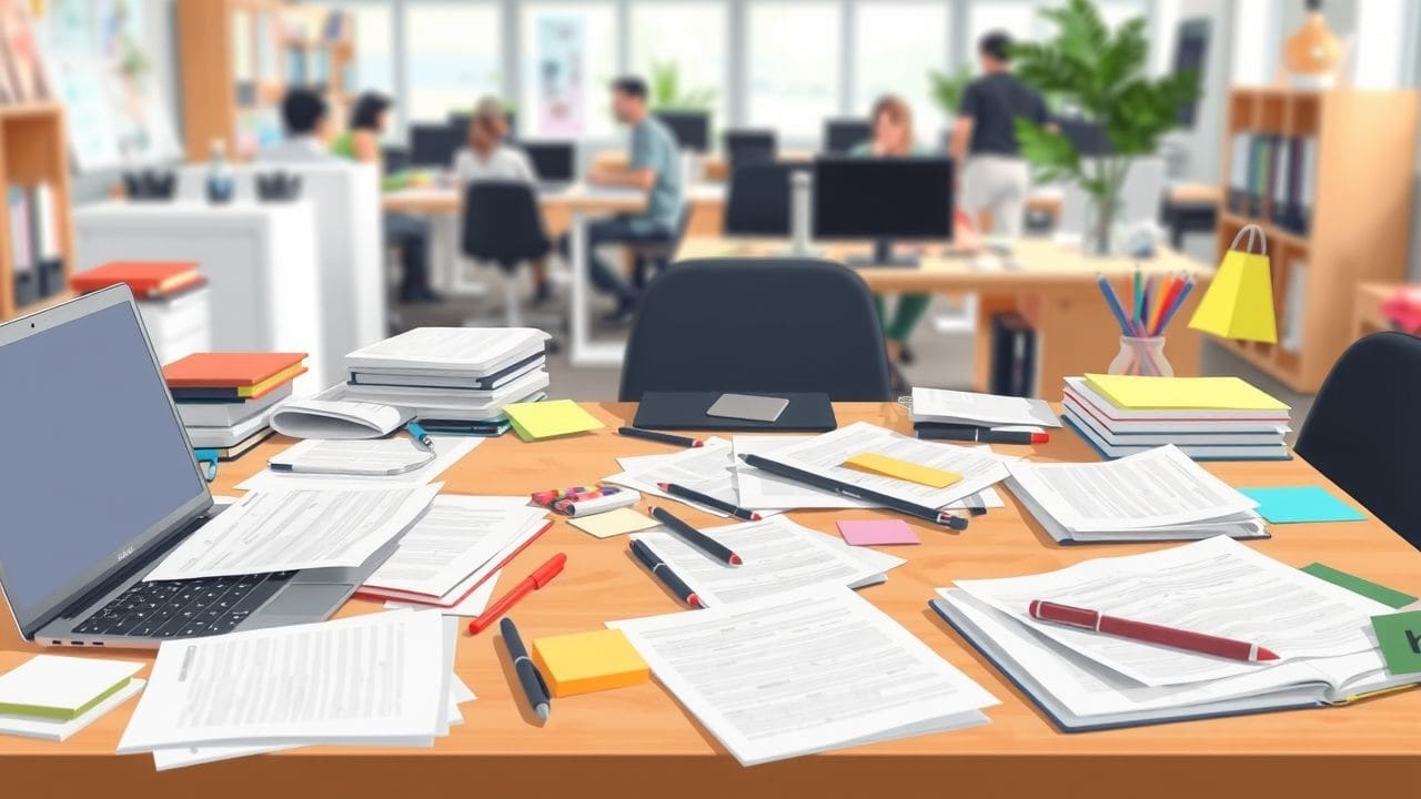 Een rommelig kantoorbureau met papieren, notitieboekjes en kantoorbenodigdheden.