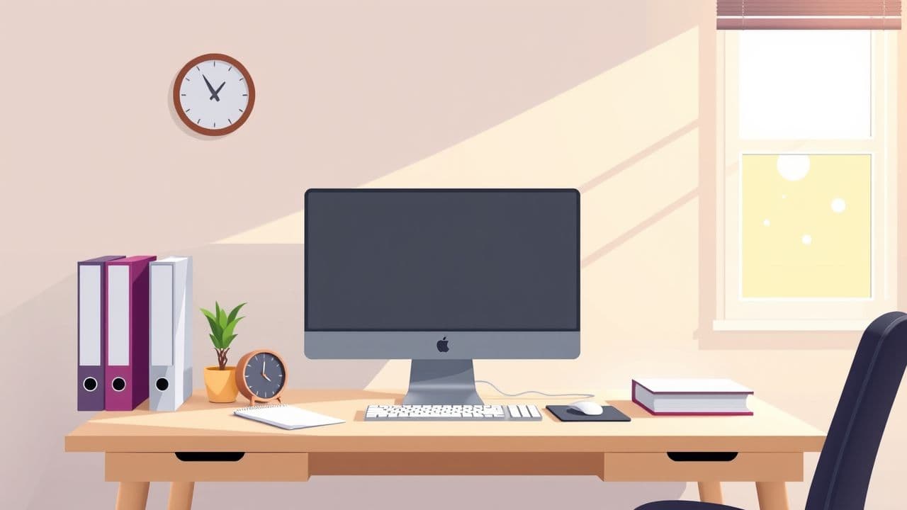 Een opgeruimde en efficiënte thuiskantoor werkplek in flat design stijl.