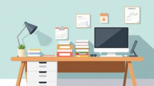 Een opgeruimde werkruimte met een bureau, computer en georganiseerde bestanden.