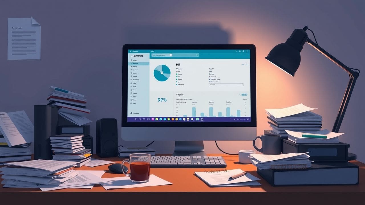 Een rommelig kantoorbureau met een computer en papieren.