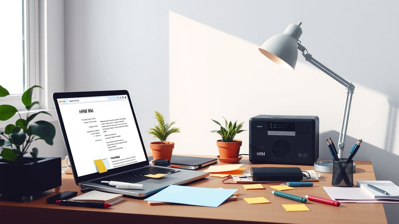 Een rommelig thuiskantoor met open laptop en papierwerk.