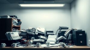 Een rommelig kantoorbureau met oude handleidingen en koffiekopjes.