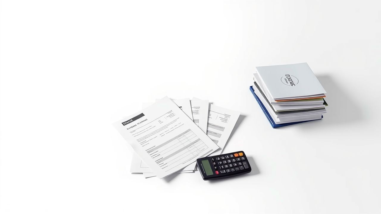 Een rommelig kantoor met loonadministratiedocumenten en werknemerscontracten. Een rommelig kantoor met loonadministratiedocumenten en werknemerscontracten.