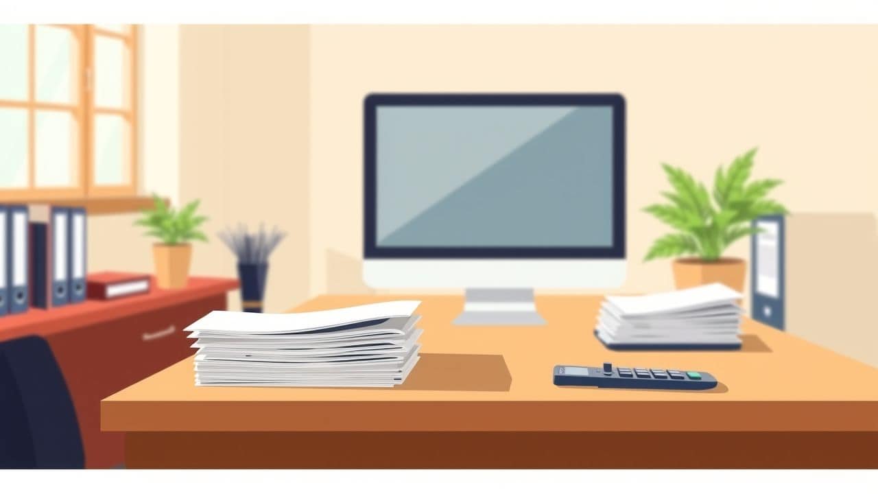 Een kantoor met een bureau, computer, documenten en rekenmachine straalt productiviteit uit.