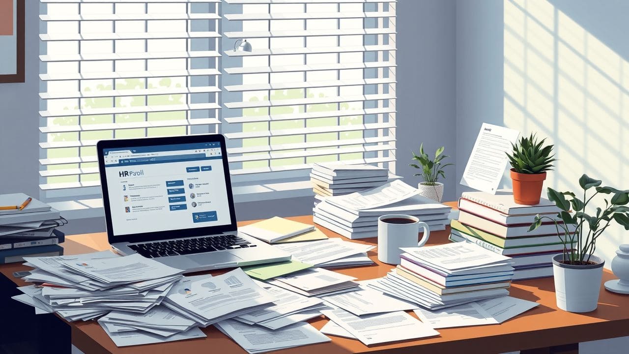 Een rommelig kantoorbureau met boeken, laptop en plant.