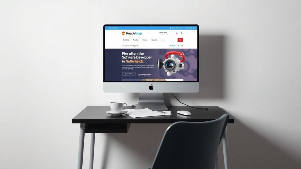 Een modern kantoorbureau met een computer die een vacaturesite voor softwareontwikkelaars in Nederland toont.