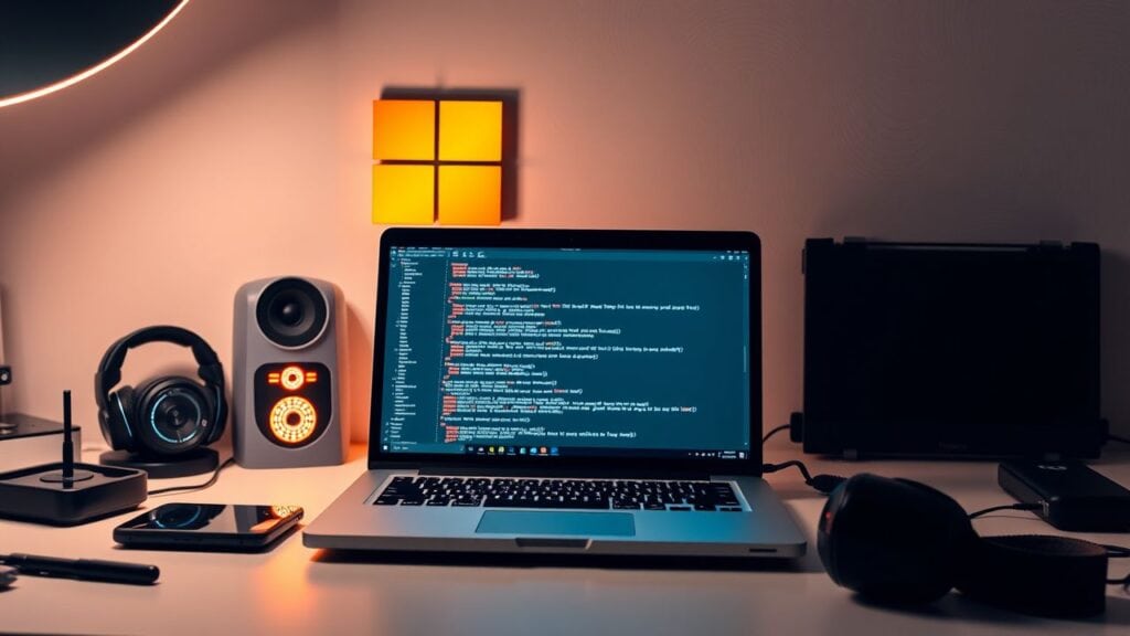 Een programmeurswerkplek met laptop, code en tech gadgets.
