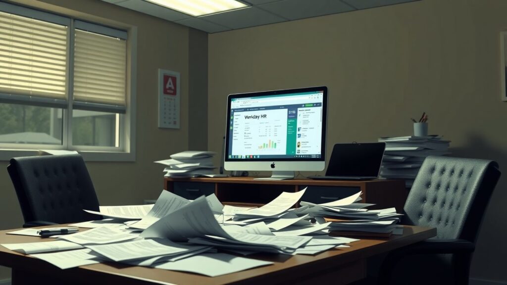 Een rommelig bureau met HR-software op computer scherm benadrukt training.