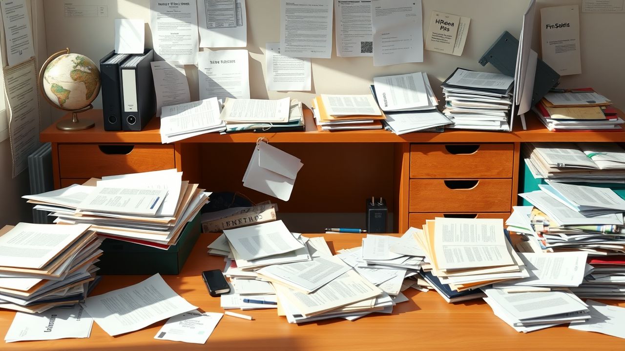 Een rommelig kantoorbureau met verspreide papieren en mappen.