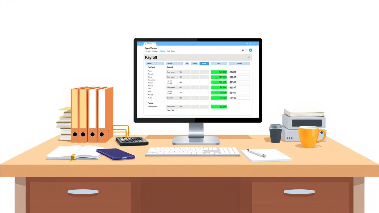 Werkplek met HRM-software, mappen, rekenmachine en koffie op bureau.