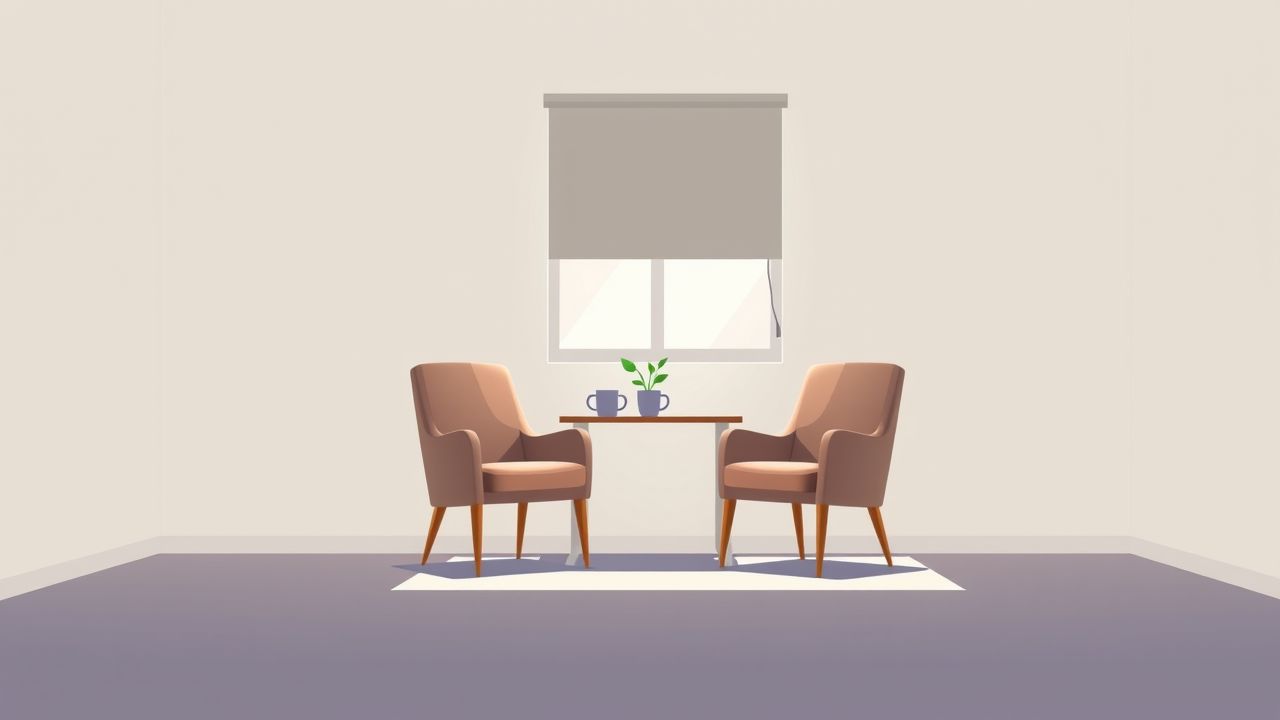 Een lege kantoorruimte met twee stoelen en een bureau. Een lege kantoorruimte met twee stoelen en een bureau.