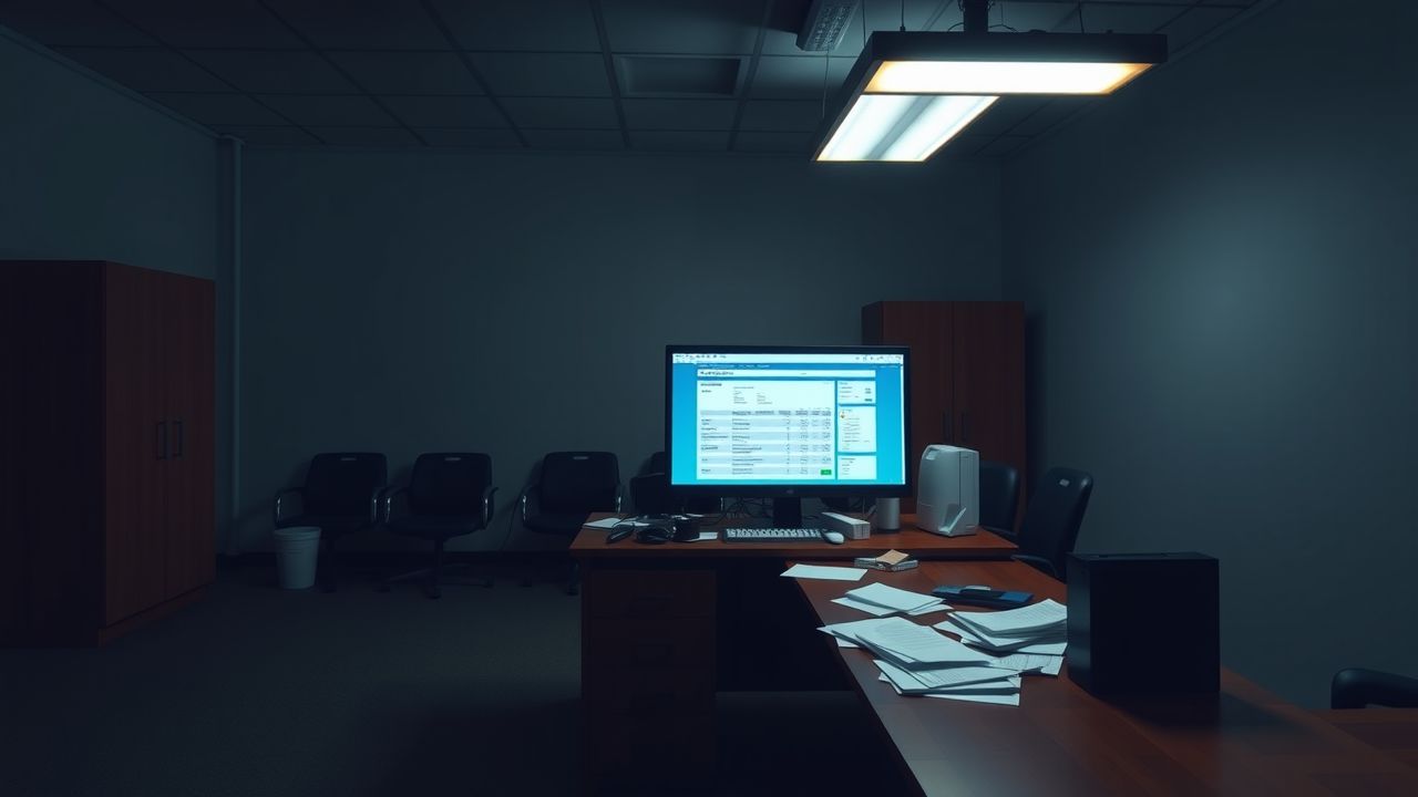Een rommelig, verlaten kantoor met een computer en papieren op het bureau. Een rommelig, verlaten kantoor met een computer en papieren op het bureau.