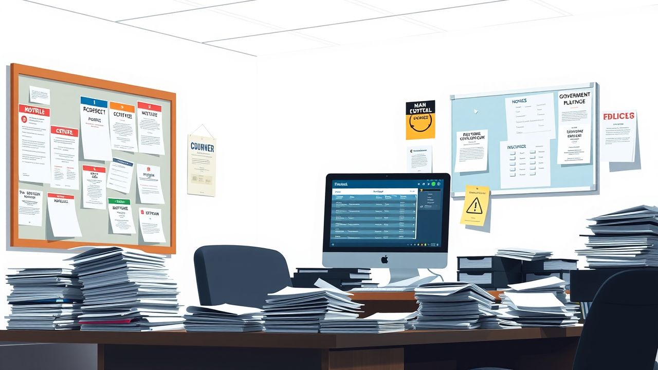 Een druk kantoor met stapels papierwerk en computer.