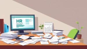 Een rommelig kantoorbureau met computer, papieren en kalender.