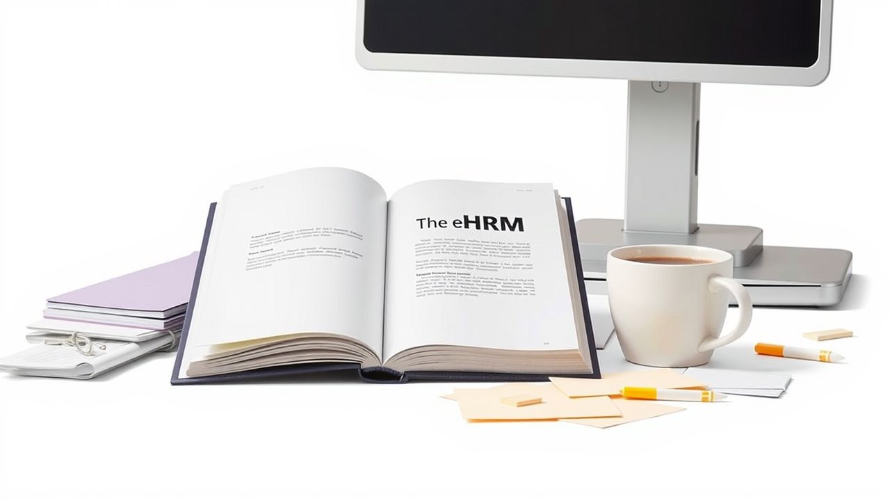 Een open boek getiteld ‘Het e-HRM Boek’ op een modern kantoor bureau. Een open boek getiteld 'Het e-HRM Boek' op een modern kantoor bureau.