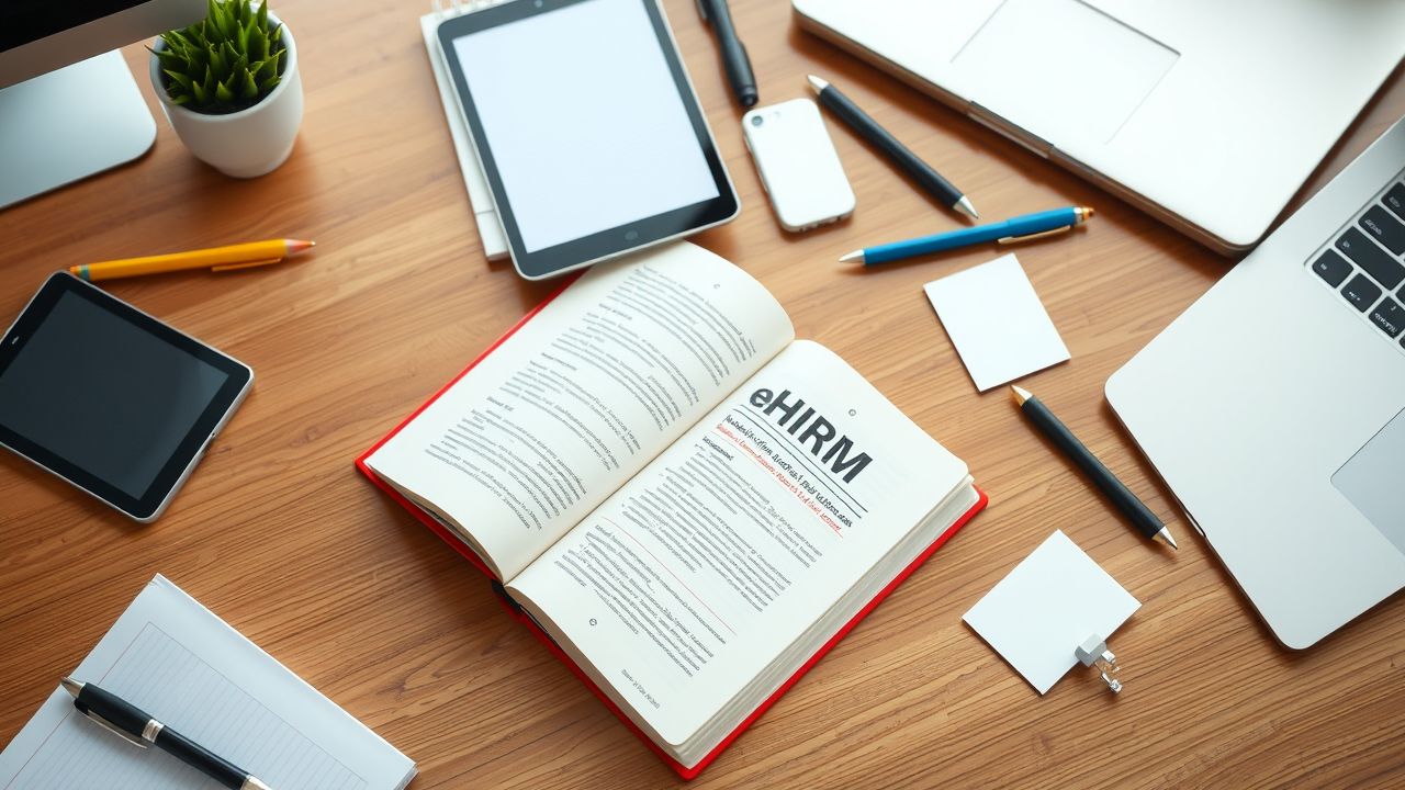 Een uitnodigende werkruimte met e-HRM boek en moderne apparaten.