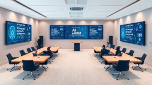 Een moderne conferentiekamer met digitale schermen voor e-HRM oplossingen.