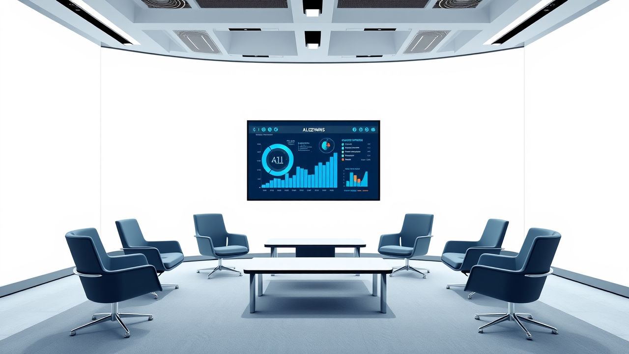 Een futuristische conferentieruimte toont digitale schermen met AI-algoritmen voor HRM. Een futuristische conferentieruimte toont digitale schermen met AI-algoritmen voor HRM.