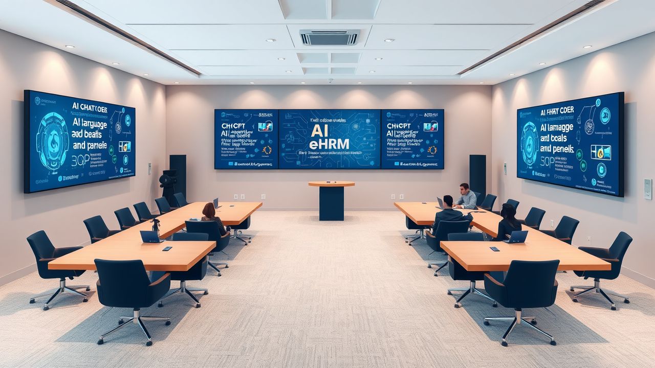 Een moderne conferentiekamer met digitale schermen voor e-HRM oplossingen.