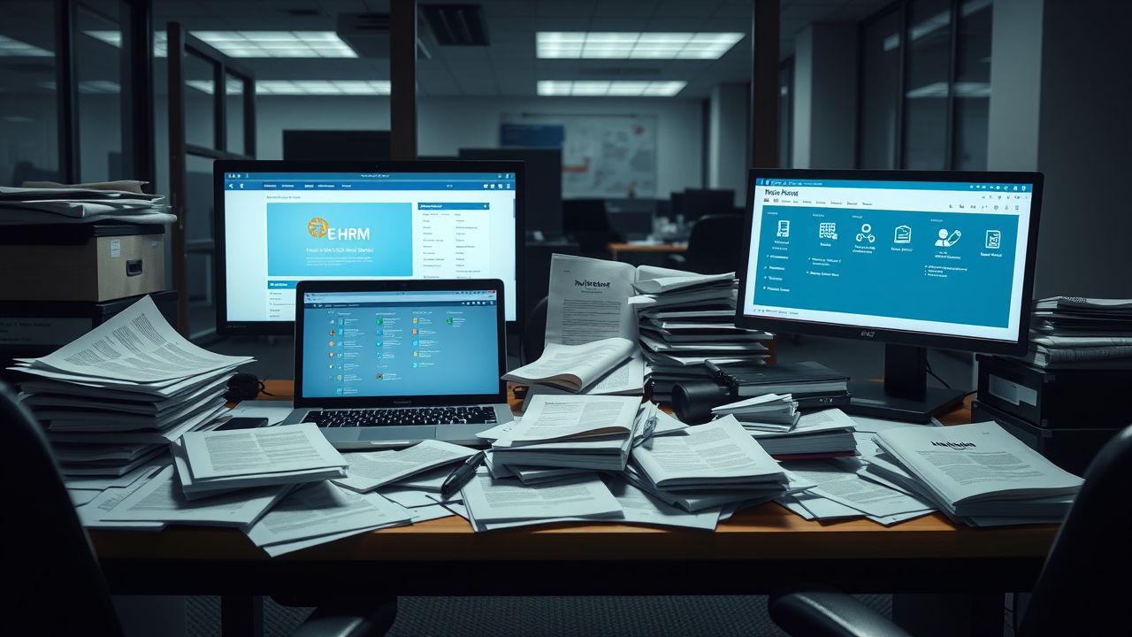 Een rommelig kantoor met HR-documenten, laptop en e-HRM systeem.