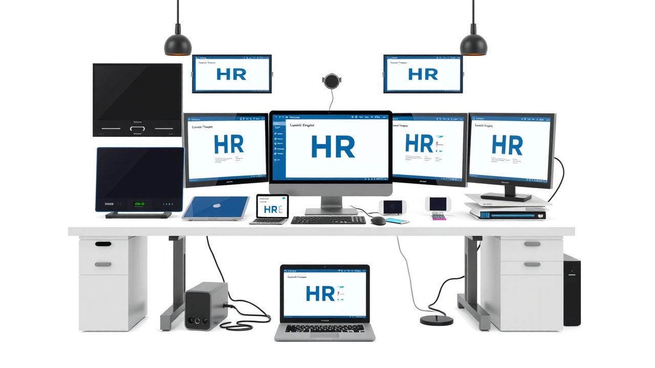 Een kantoorwerkplek met digitale apparaten en HR-software interfaces op schermen. Een kantoorwerkplek met digitale apparaten en HR-software interfaces op schermen.