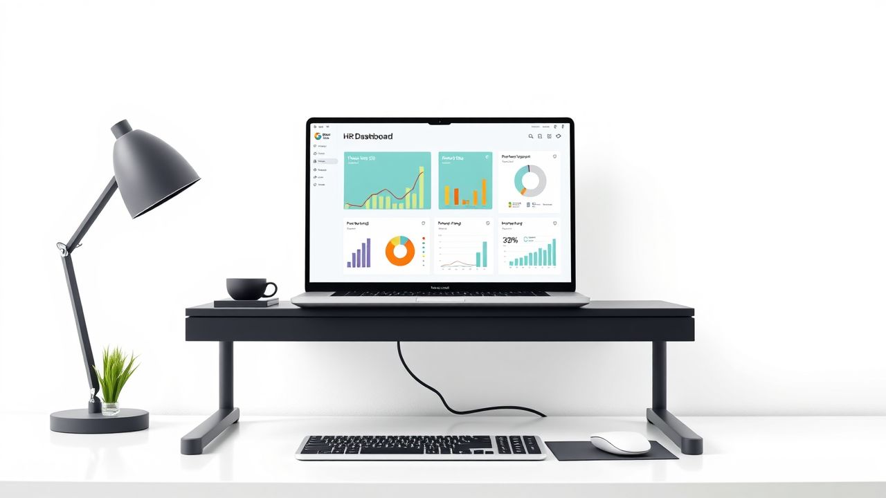 Een modern kantoor bureau met een open laptop toont HR data.