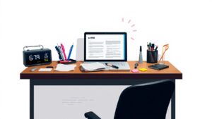 Een rommelig bureau met open laptop en kantoorbenodigdheden in een donkere kamer.