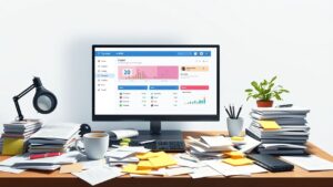 Een rommelig kantoorbureau met computer en papieren.