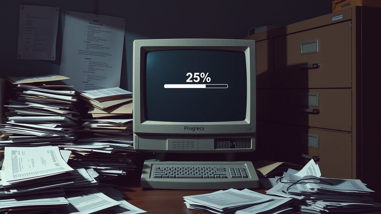 Een oude computer met vastgelopen voortgangsbalk in een rommelig kantoor. Een oude computer met vastgelopen voortgangsbalk in een rommelig kantoor.