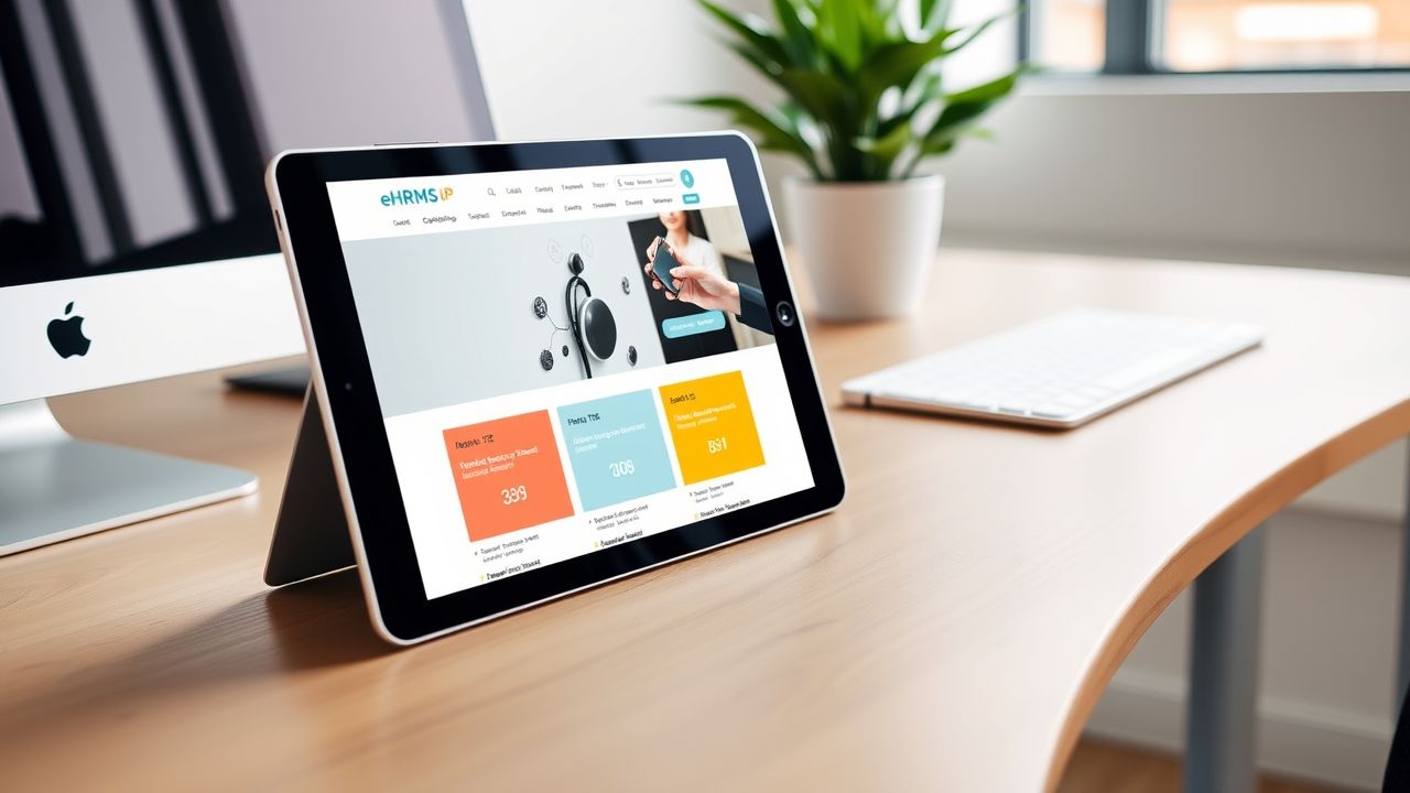 Een digitaal tablet met eHRMS UP-website op een modern kantoorbureau. Een digitaal tablet met eHRMS UP-website op een modern kantoorbureau.