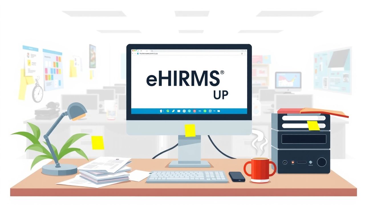 Een drukke overheidskantoorsetting in Uttar Pradesh met eHRMS UP-platform.